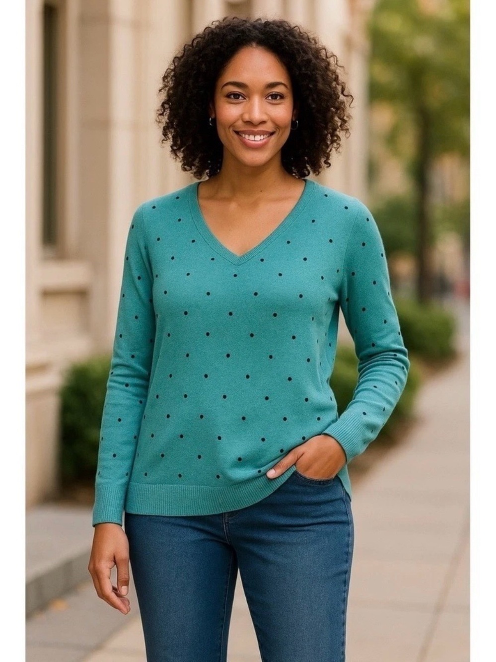 J. Jill Teal Turquoise V‑Neck Sweater with Black Polka Dots Size XS